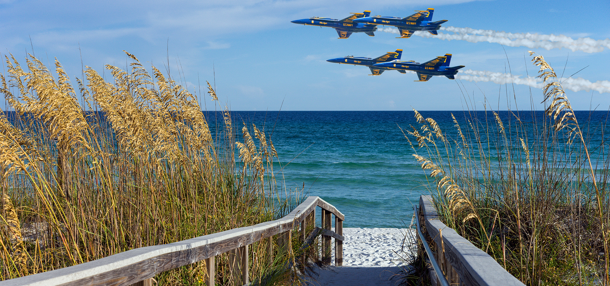 Beach Boardwalk with Dunes and Sea Oats Blue angel planes flying over a beach boardwalk